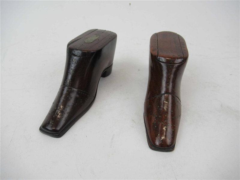Two Antique Shoe Form Carved Wooden Snuff Boxes
