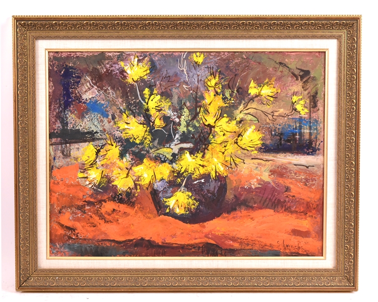 Oil on Board, Yellow Flowers, George Schwacha