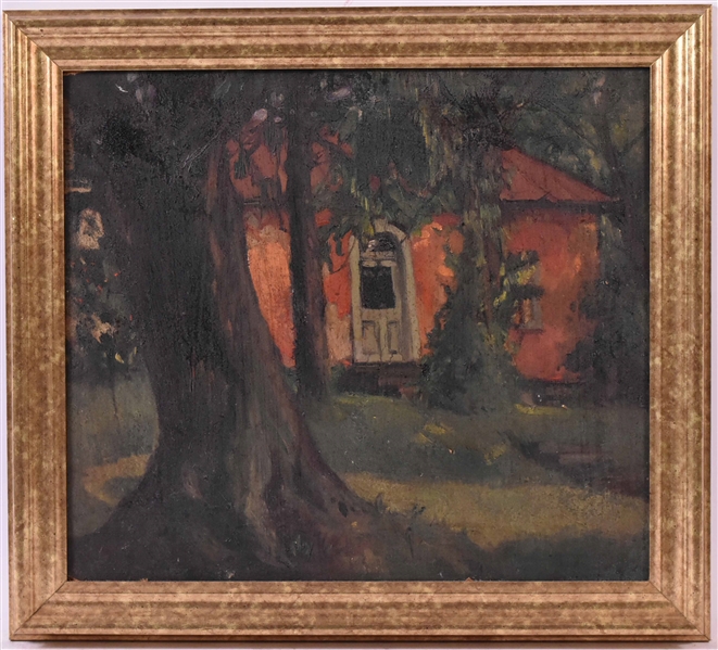 Oil on Board House with Red Door in Landscape 