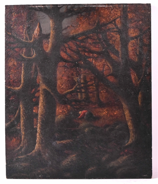 Oil on Panel Woman in Forest Among Trees 