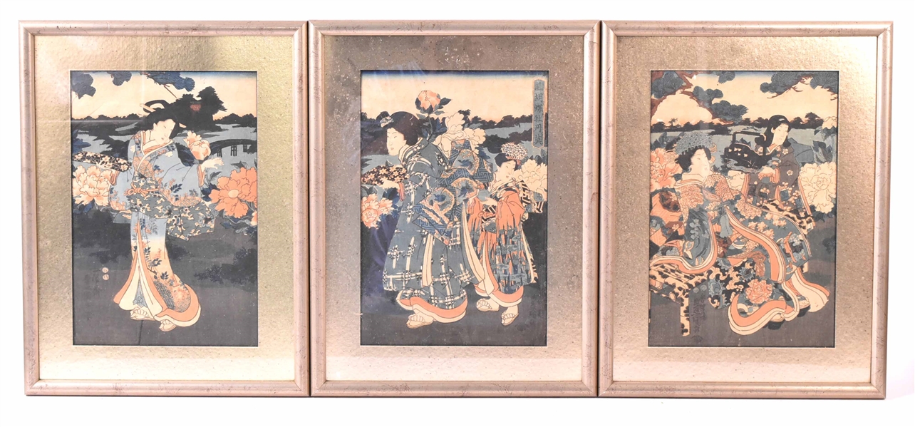 Japanese Triptych Wood Block Print Geishas