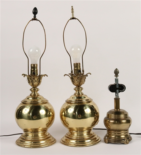 Pair Brass Globular Fluid Lamps 