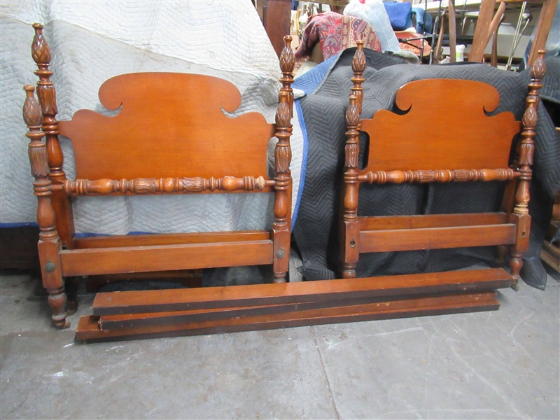 Pair of Carved Maple Charak Twin Bedsteads