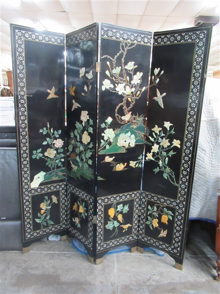 Asian Carved Hardstone 4 Panel Screen