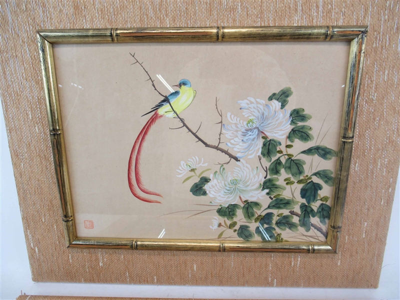 Two Asian Watercolors of Birds on Branchs