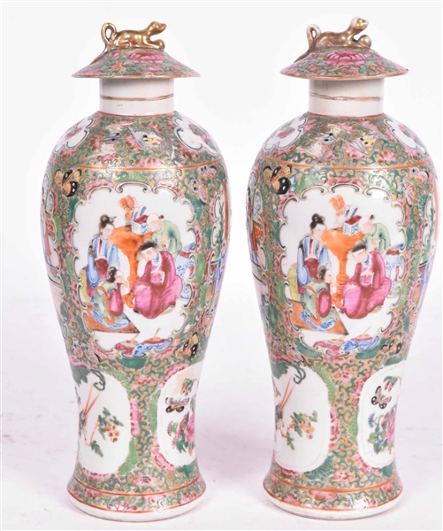 Pair of Chinese Rose Medallion Lidded Vases