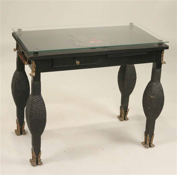 Chinese Glass-Top Ebonized and Rattan Side Table