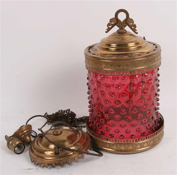 Brass Mounted Cranberry Hobnail Glass Lantern