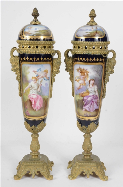 Pair Sevres Style Painted Porcelain & Bronze Urns