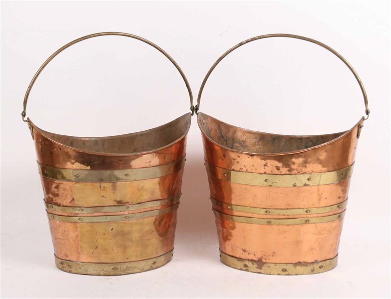 Pair Copper Brass Mounted Peat Buckets