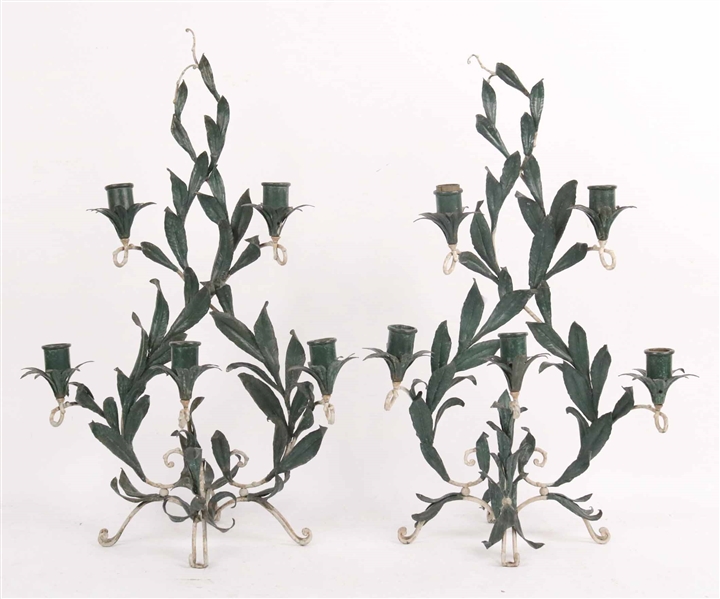 Pair Painted Green Metal Leaf Form Wall Sconces