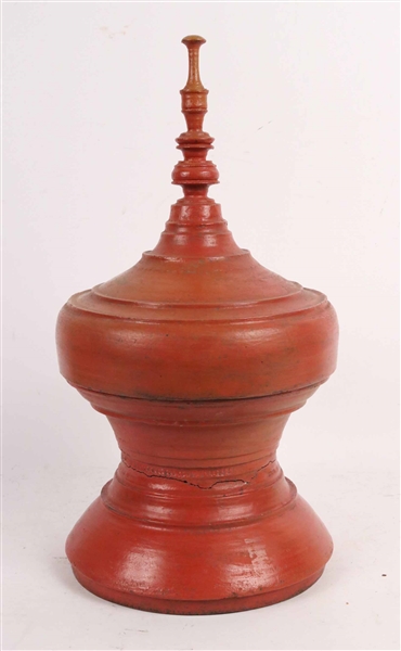 Red Painted Turned Wood Covered Vessel