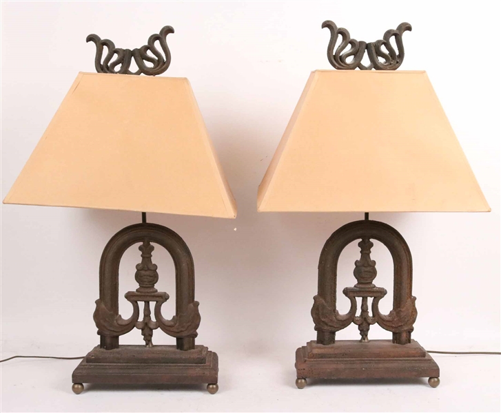 Pair Art Deco Cast Iron Figural Table Lamps