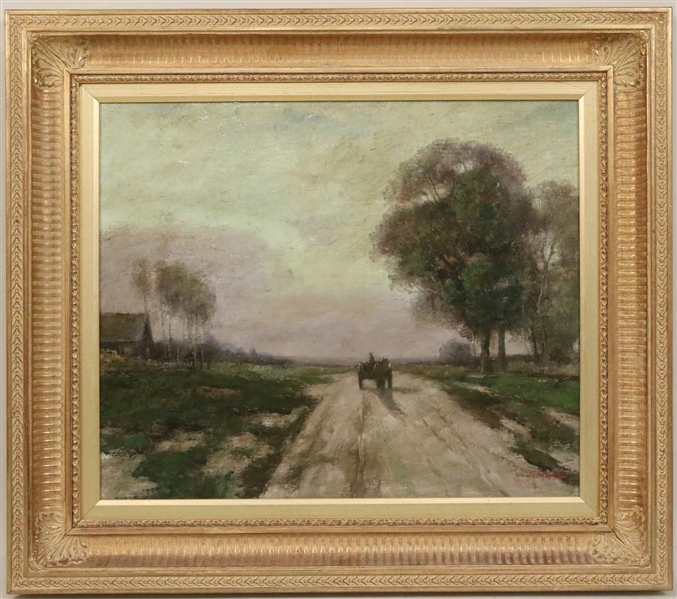 Oil on Canvas, Horse Drawn Cart Along Path