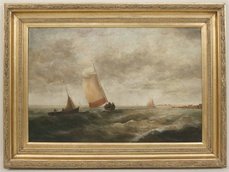 Oil on Canvas, Sailboats Along the Coast