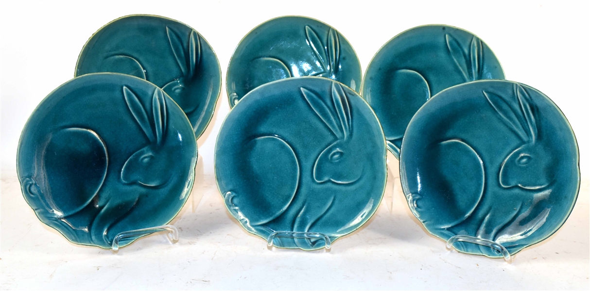 Six Turquoise and Rabbit-Decorated Ceramic Plates