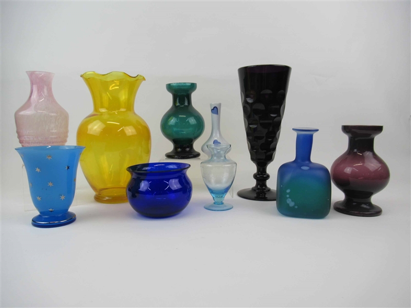 Group of 9 Assorted Colored Glass Vases