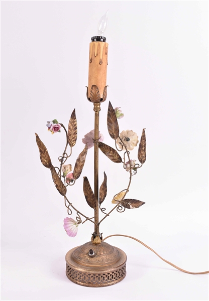 Pair of Gilt Tole Table Lamps with Flowers