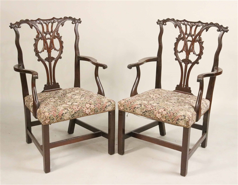 Pair George III Style Carved Mahogany Armchairs