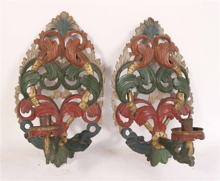 Pair of Carved Polychrome Pine Wall Sconces