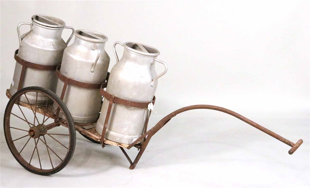 Wrought-Iron, Pine, & Painted Metal Milk Trolley