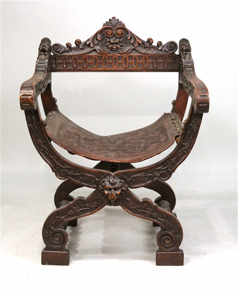 Baroque Style Leather&Walnut Curule-Form Armchair