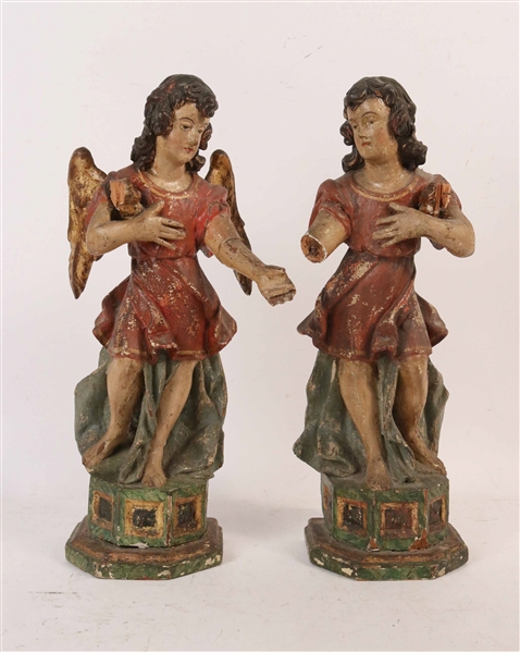 Pair of Parcel-Gilt & Painted Carved Wood Angels
