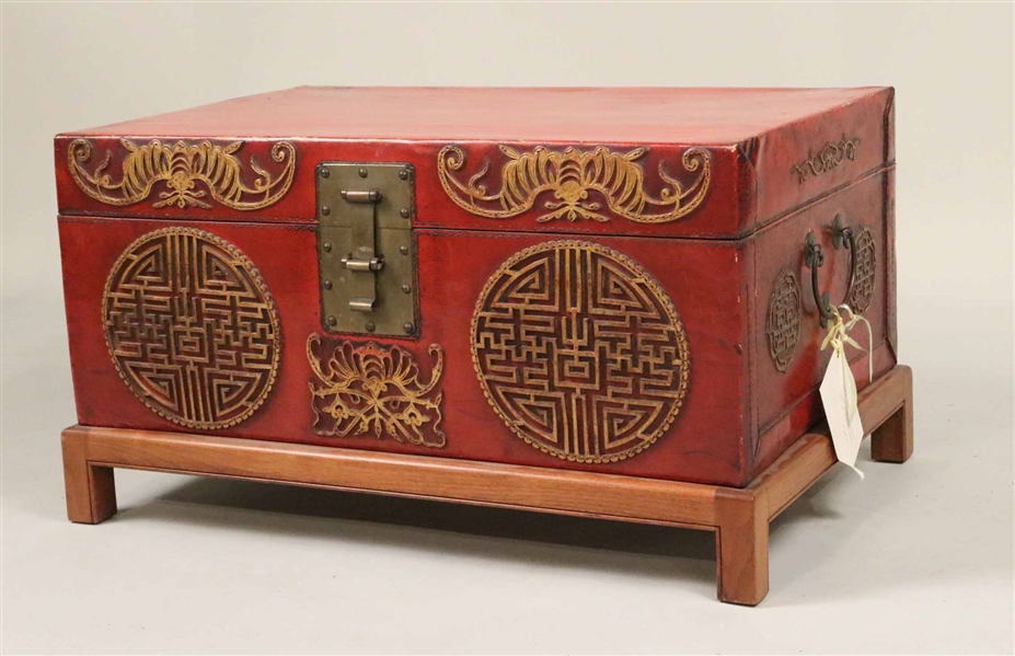 Red Lacquer & Parcel-Gilt Leather Trunk on Stand