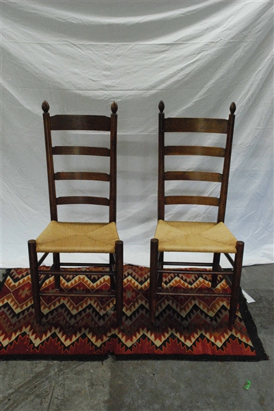 Pair of Antique Rush Seat Ladder Back Side Chairs