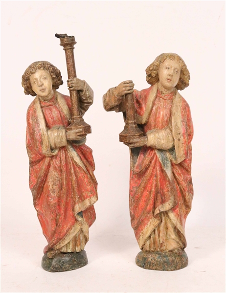Two Painted Carved Pine Figural Candelabras