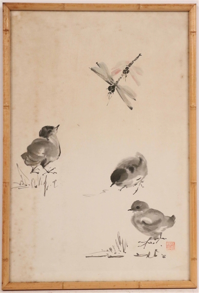 Watercolor on Paper, Birds and a Dragonfly