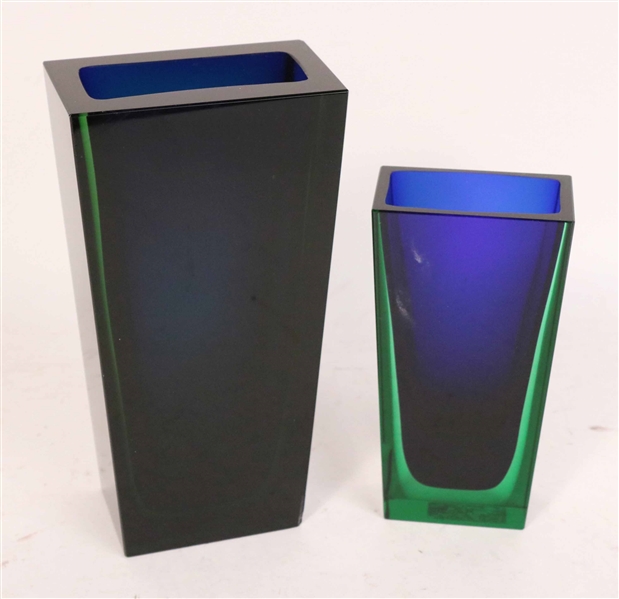 Two Contemporary Green-and-Blue Glass Vases