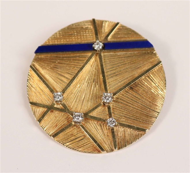 18K Yellow Gold Diamond & Enamel Circular Pin