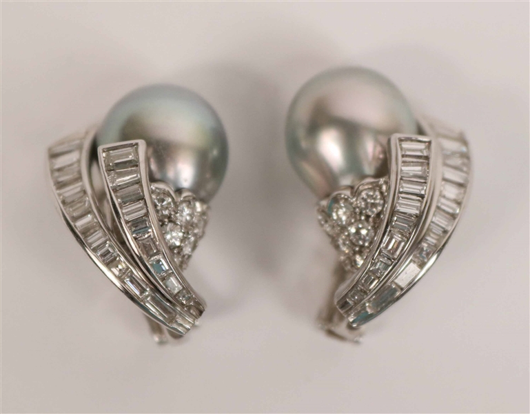 Pair of Platinum Gray Pearl & Diamond Ear Clips