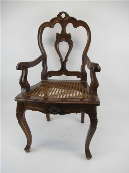 French Carved Walnut Cane Seat Arm Chair