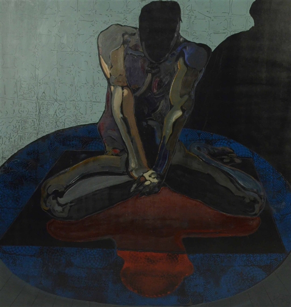 Oil on Panel, Abstract Seated Man, Jan Stussy