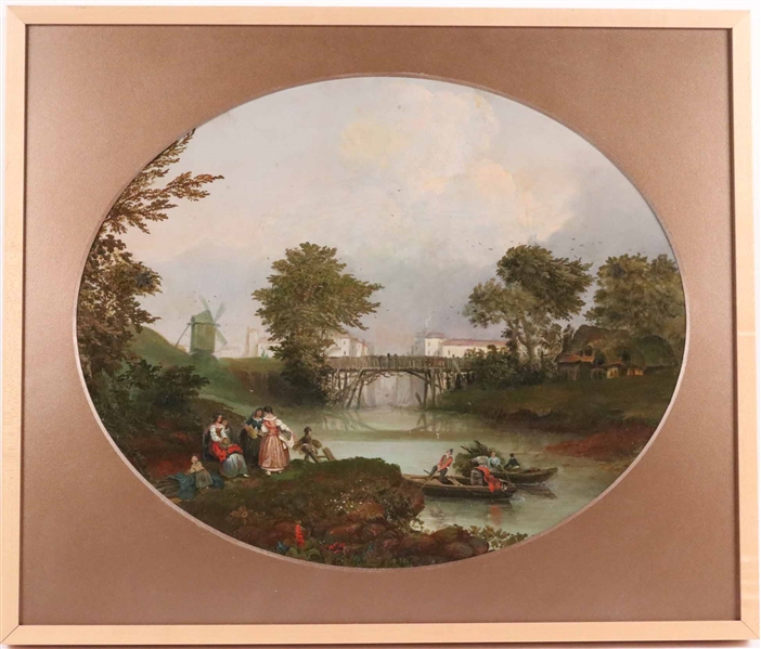 Oil on Canvas, Oval Dutch Riverscape