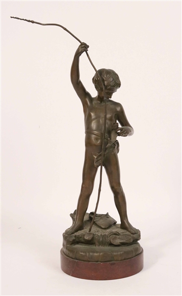 Antoine Bofil, Cast Bronze Sculpture, Boy Fishing
