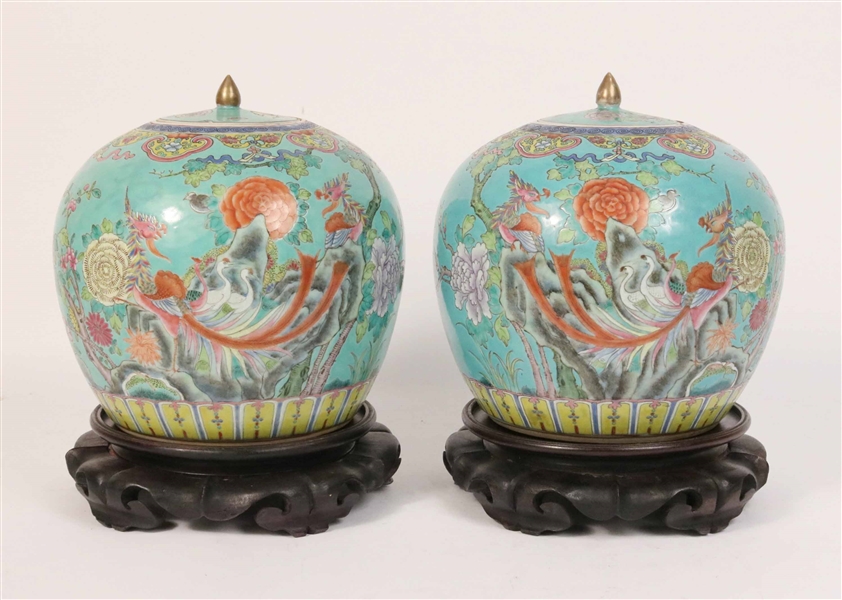 Pair of Floral and Bird Decorated Covered Jars
