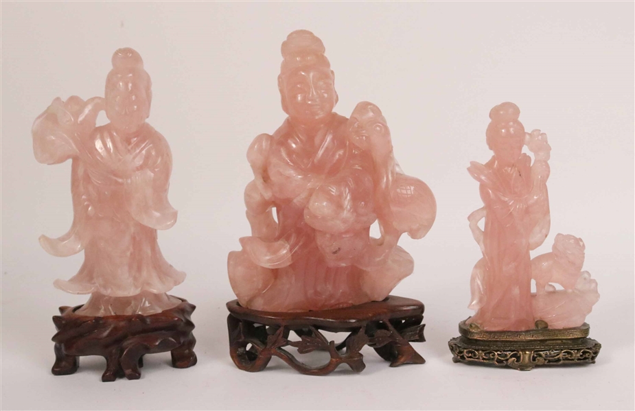 Three Chinese Carved Rose Quartz Figures