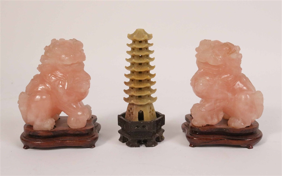 Pair of Chinese Carved Rose Quartz Temple Lions