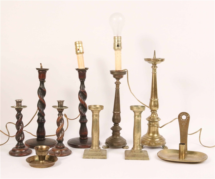Large Group of Brass and Wood Candlesticks