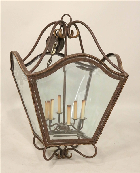 Parcel-Gilt and Patinated Hanging Hall Lantern