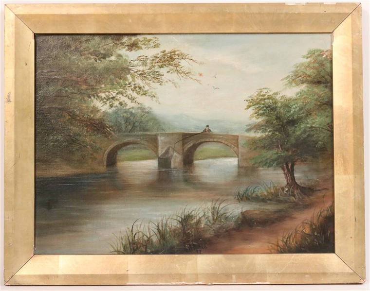 Oil on Canvas, "Fishing off a Bridge" A.W. Baker