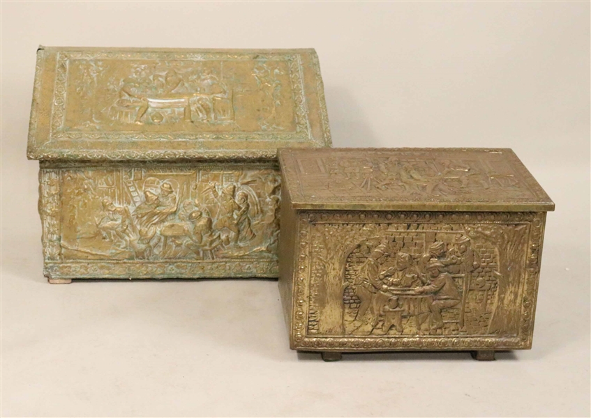 Two Brass Repousse Kindling Boxes