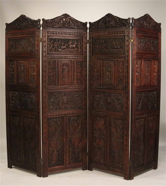 Baroque Style Incised Oak Four Panel Room Screen