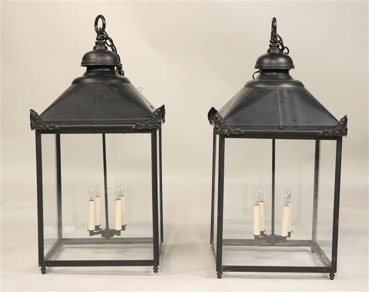 Pair of Black Painted Four Light Hanging Lanterns