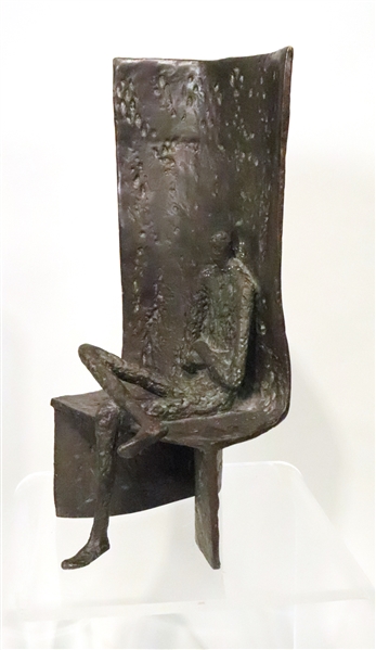 Cast Bronze Sculpture, Abstract Seated Man
