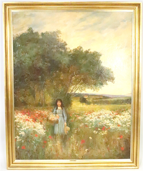 Oil on Canvas, Young Girl Picking Flowers