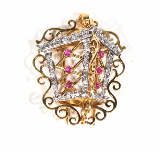 18K Gold Diamond Ruby Lantern Brooch/Pendant